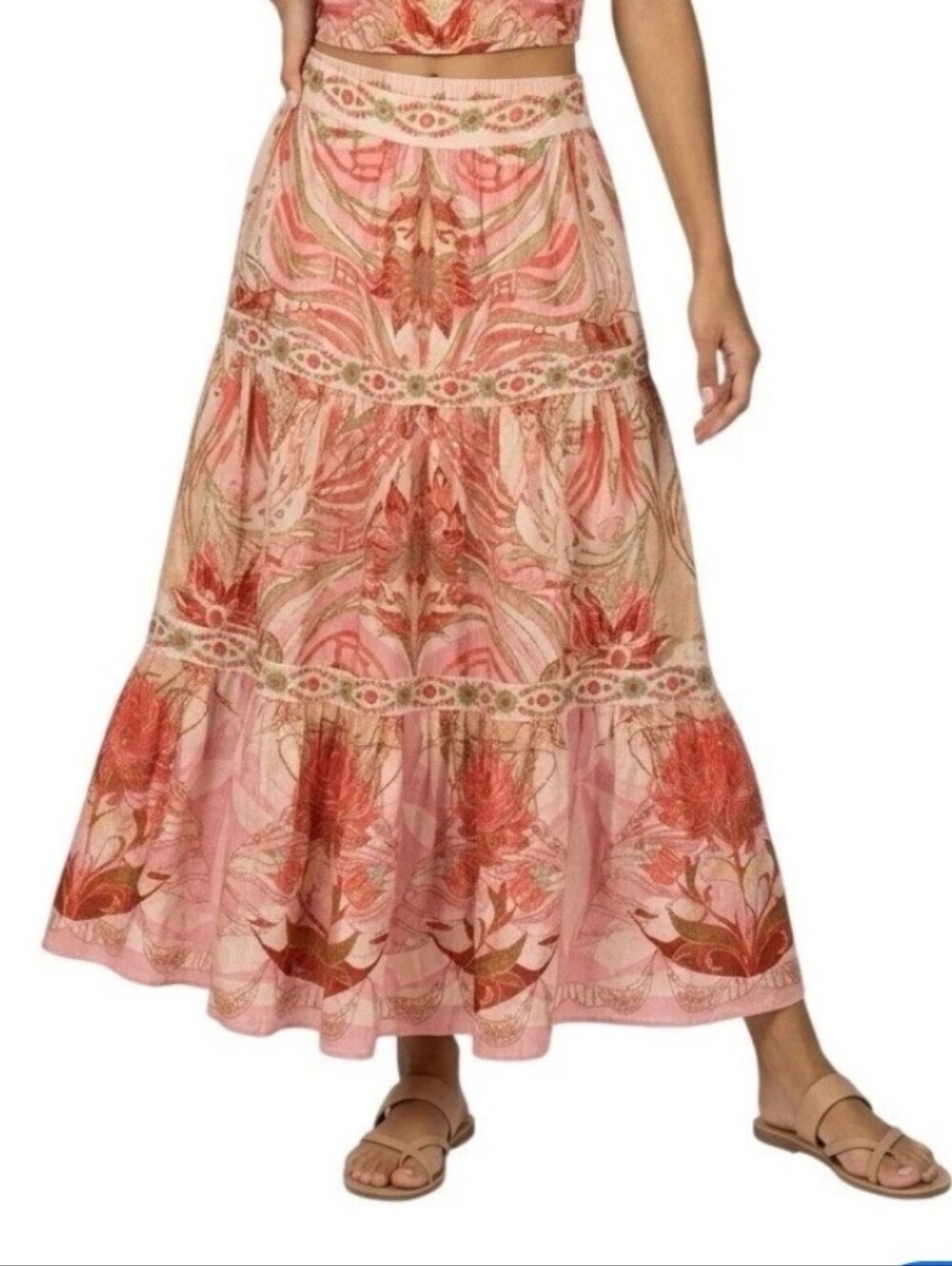 Bohemian Maxi Skirt Peasant Tiered Romantic Pink Paisley Pockets Beachy Resort